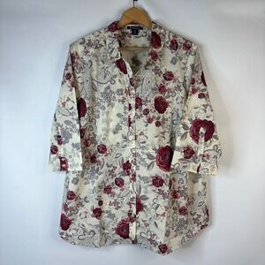 Roaman's Tunic Top Women 22W Cream Burgundy Floral Paisley 3/4 Sleeve Button Up